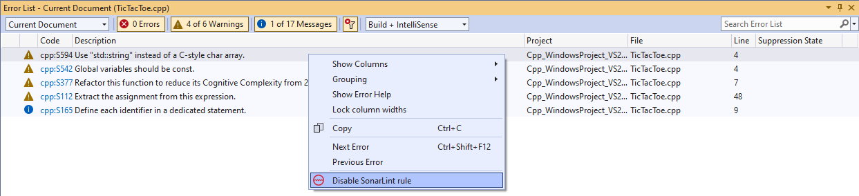 Disable SonarLint rule menu command